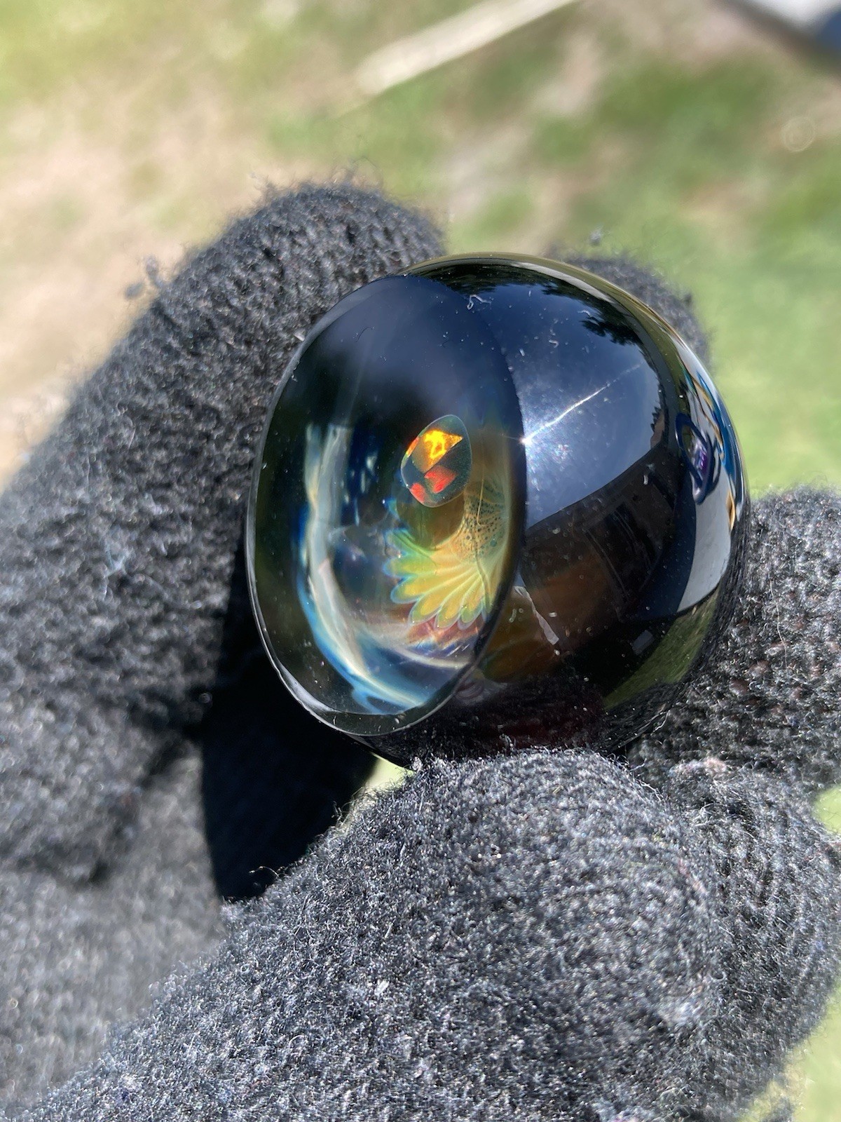 Glass Boro Space Marble 33mm W/ Opal Stone Hand Made Art W/ Faceted ￼Sculpture