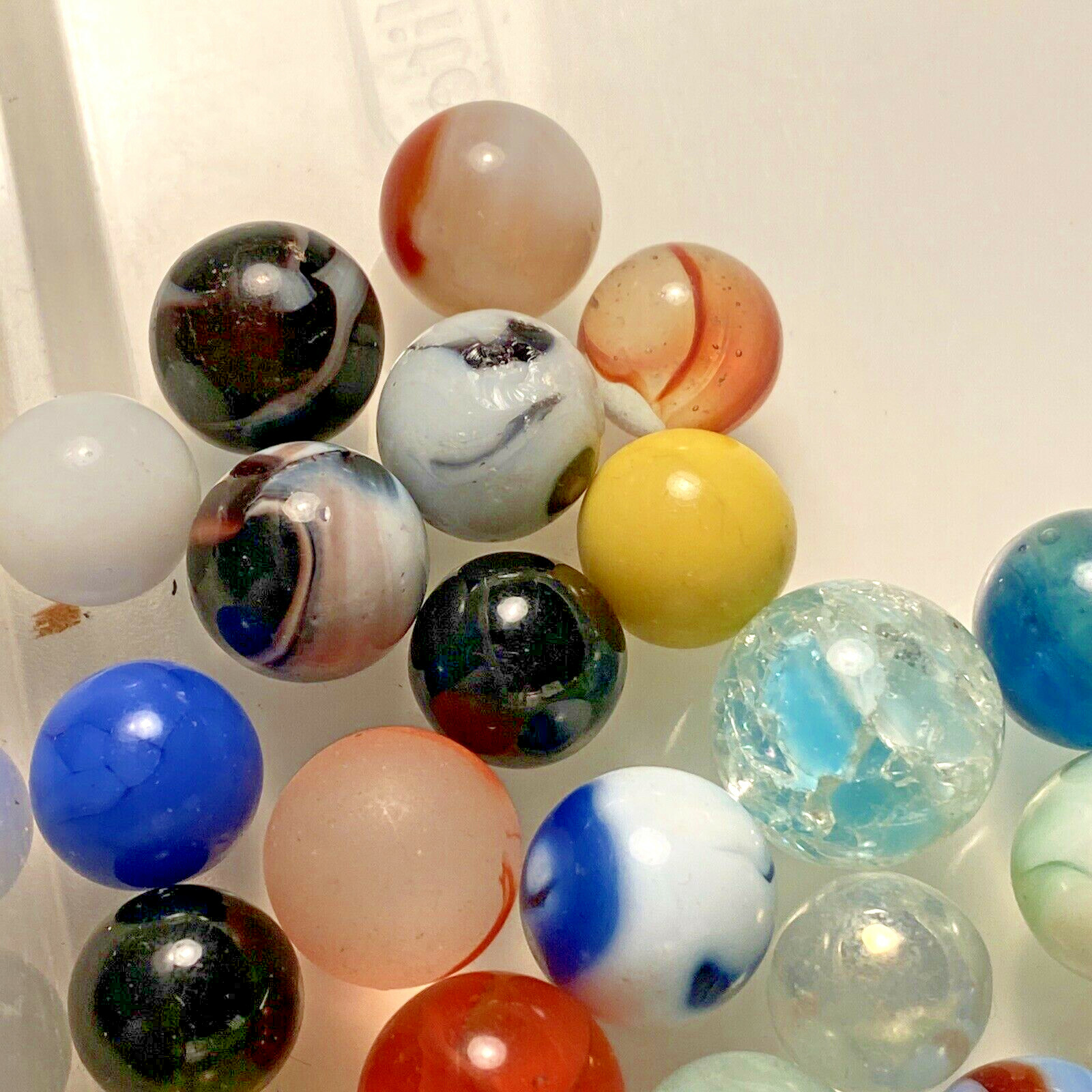 Vintage ? Lot of 34 Marbles Glass Crackle Blue Solid Yellow Green Orange Toy