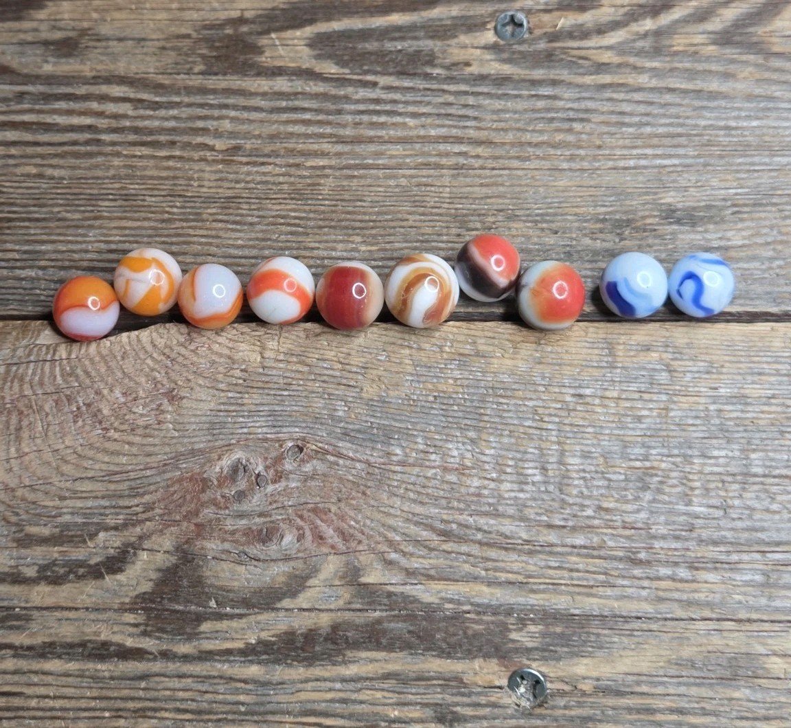 Lot Of 10 Swirl Marbles Orange/White, Brown/White, Red/Brown, Blue/White