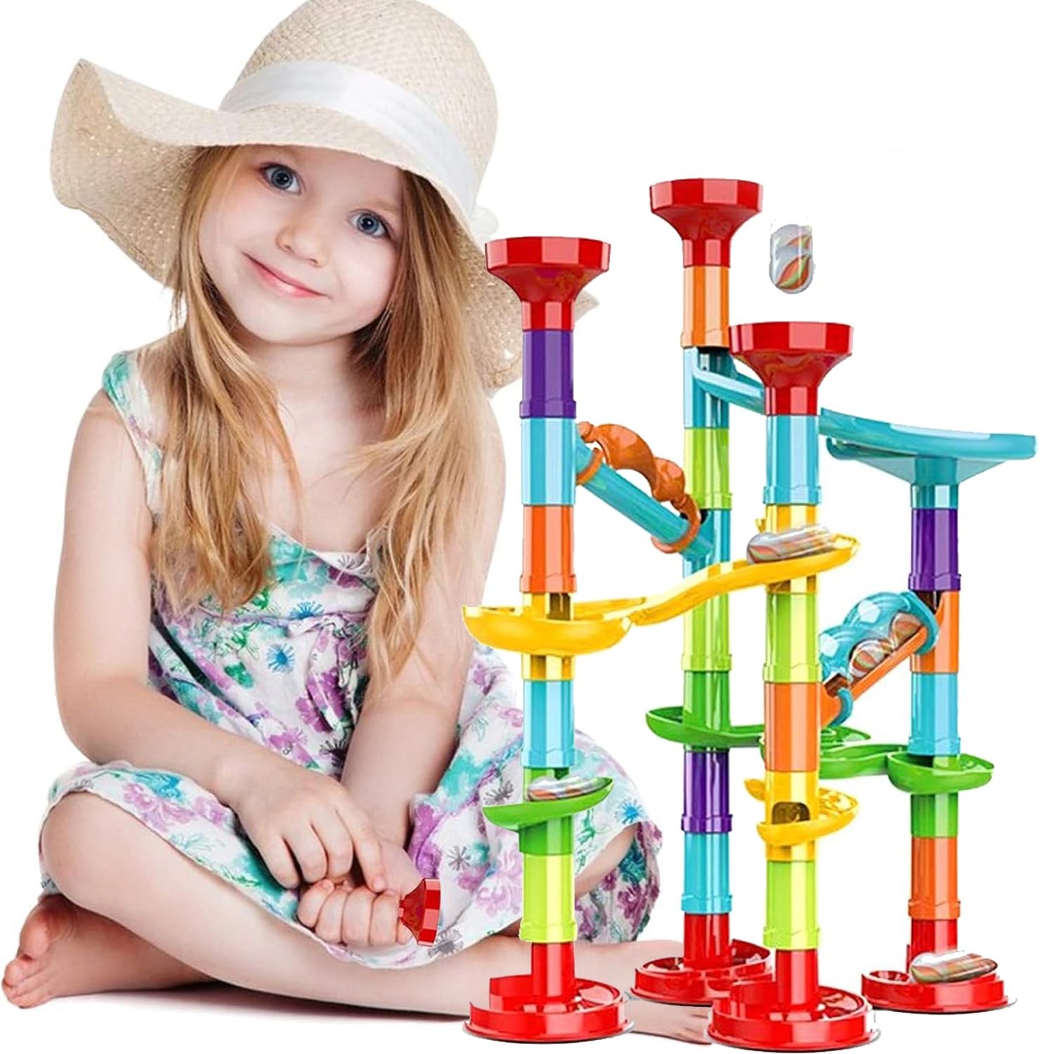 50Pcs Marble Run Set Building Blocks with 30 Glass Marbles for SmallB, White