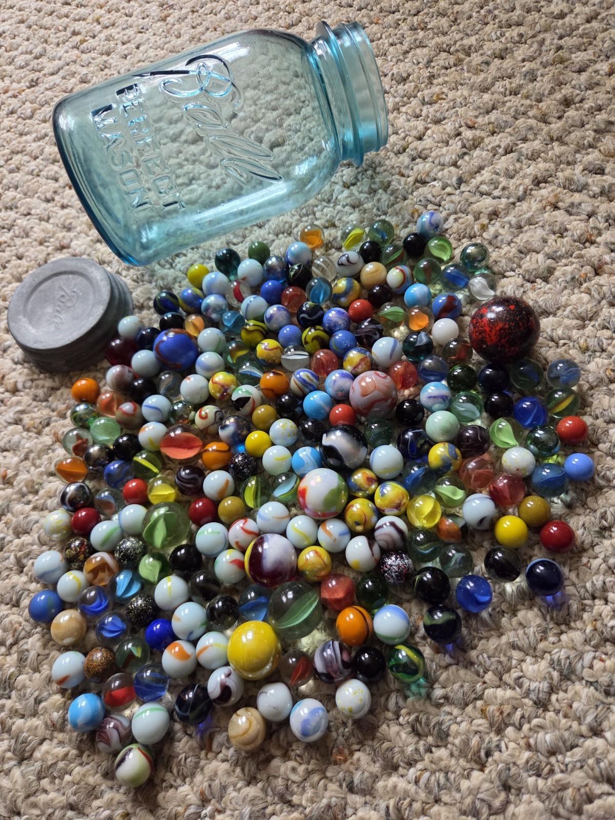 Vintage Blue Glass Ball Jar Full Of Marbles 4 Lbs