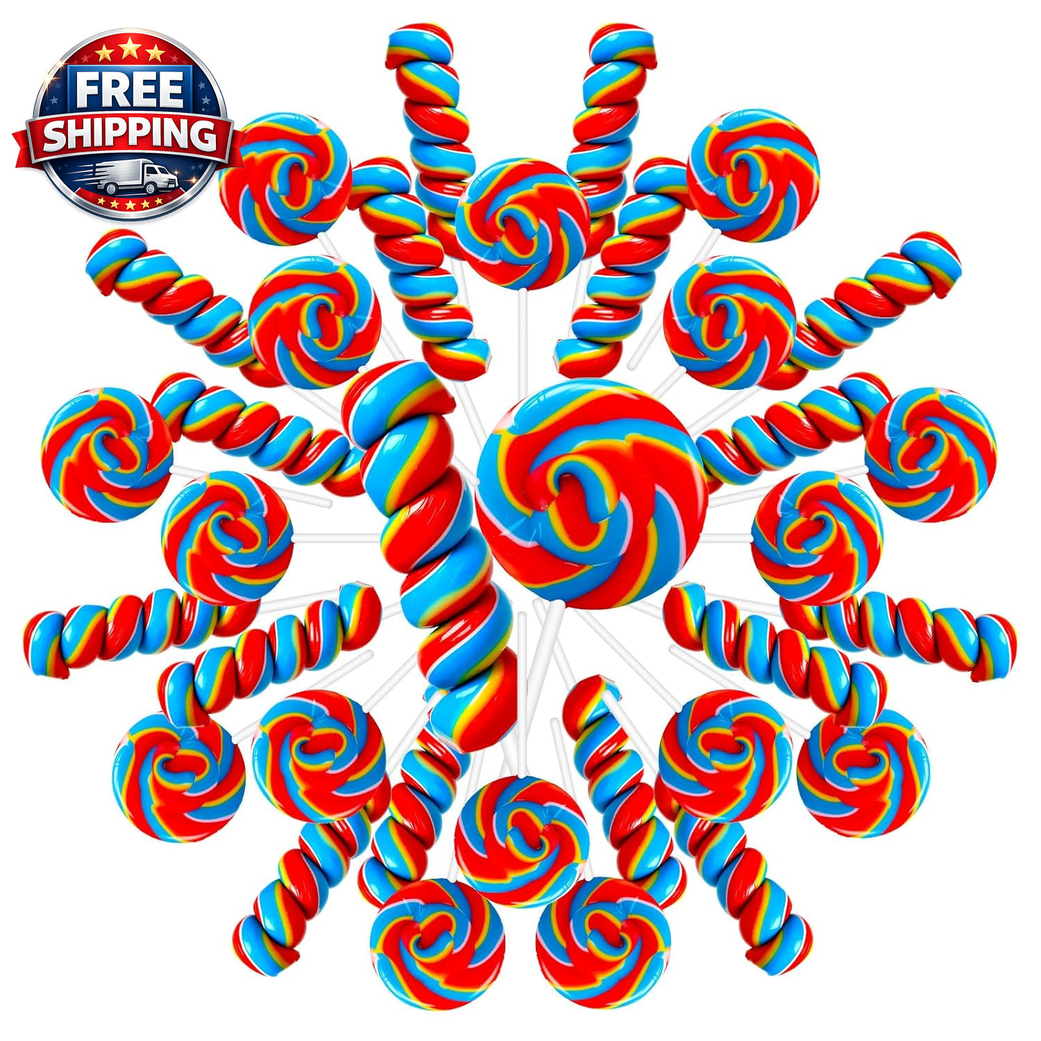 32 Pack Red White and Blue Swirl & Twisty Lollipops Suckers Bulk (16 Swirls + 16