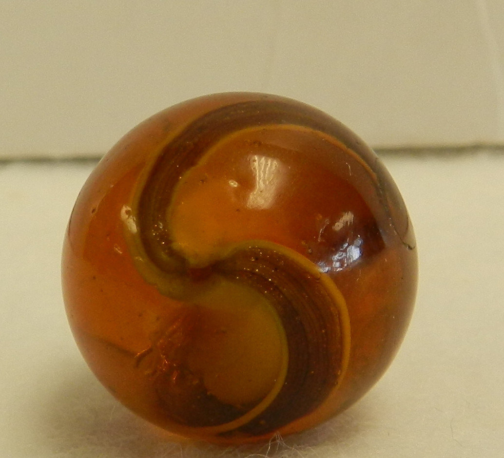 #18549m Large .77 Inches Vintage German Handmade Amber Glass Ribbon Lutz Marble