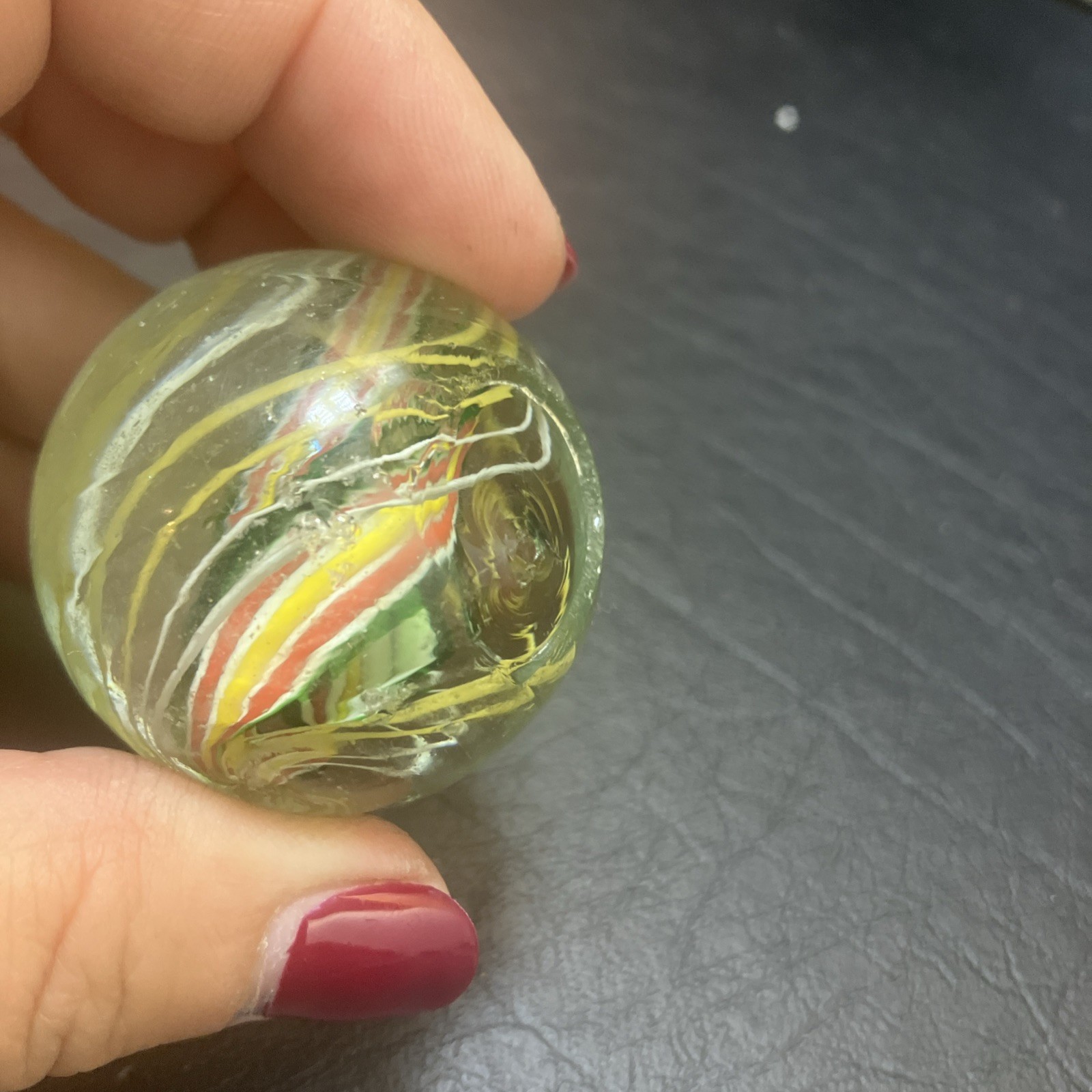 German Handmade Ribbon-Core Swirl Marble ~23mm Multicolor w/ White Cage (1As)