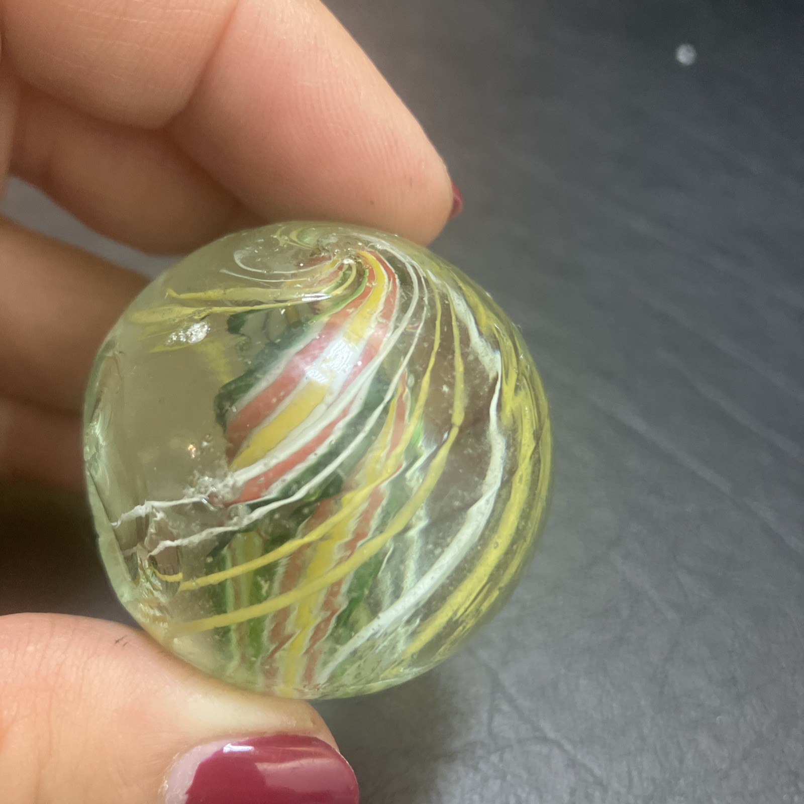 German Handmade Ribbon-Core Swirl Marble ~23mm Multicolor w/ White Cage (1As)