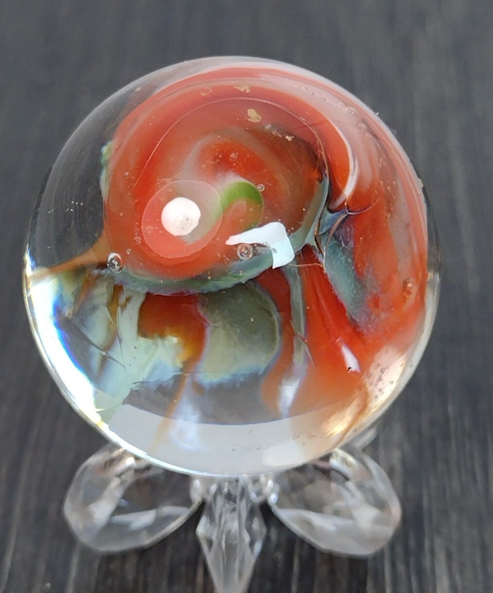 1.03″ LG Peach & Green Sparkle 🦚 PEACOCK Swirl Contemporary Studio Art Marbles
