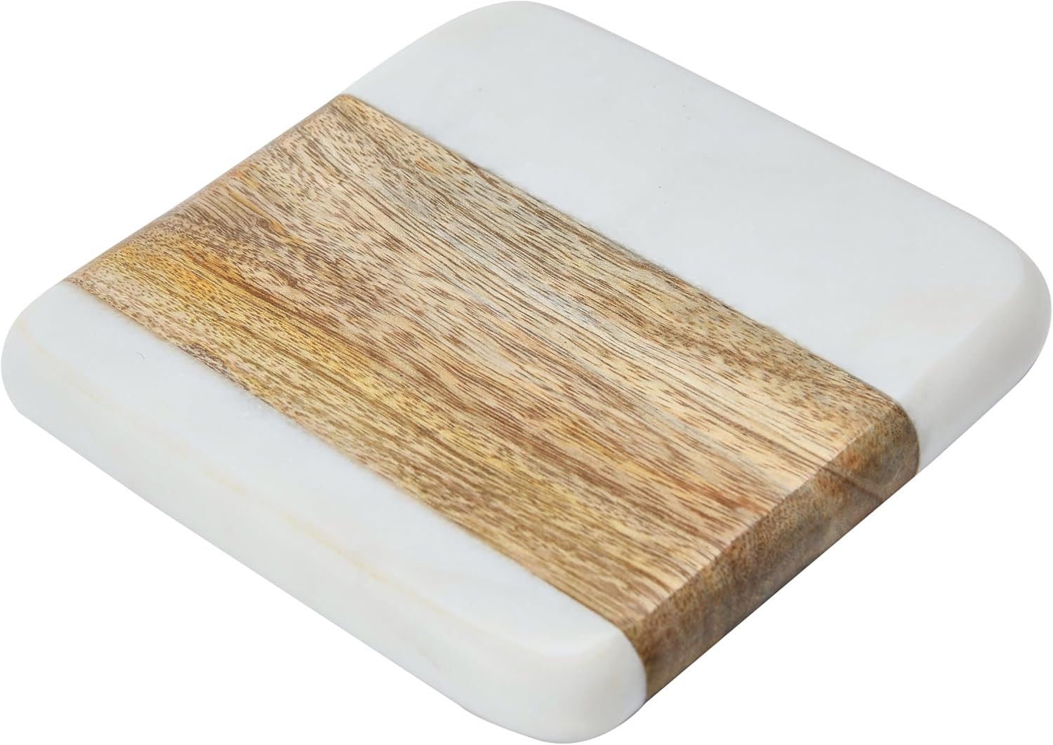 Marble & Acacia Wood Coasters, White & Natural, Set of 4