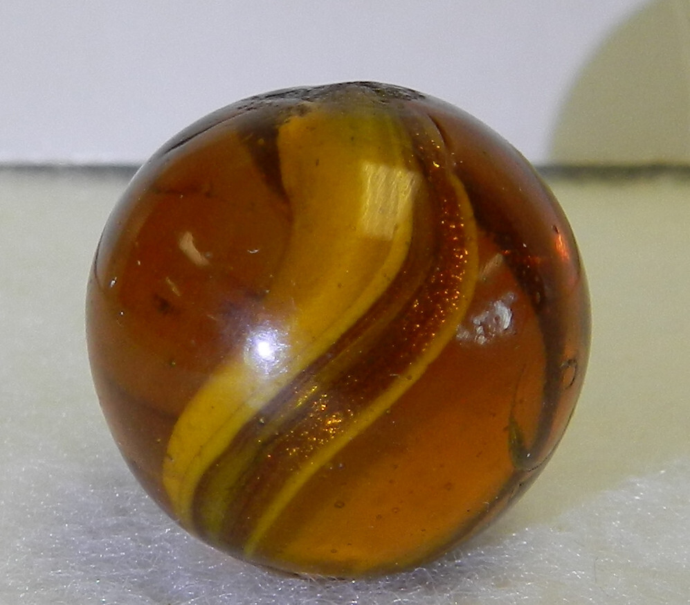 #18549m Large .77 Inches Vintage German Handmade Amber Glass Ribbon Lutz Marble