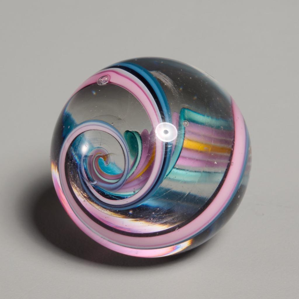 Pink Blue Yellow Swirl Divided Core Ribbon Marble 1.25″dia