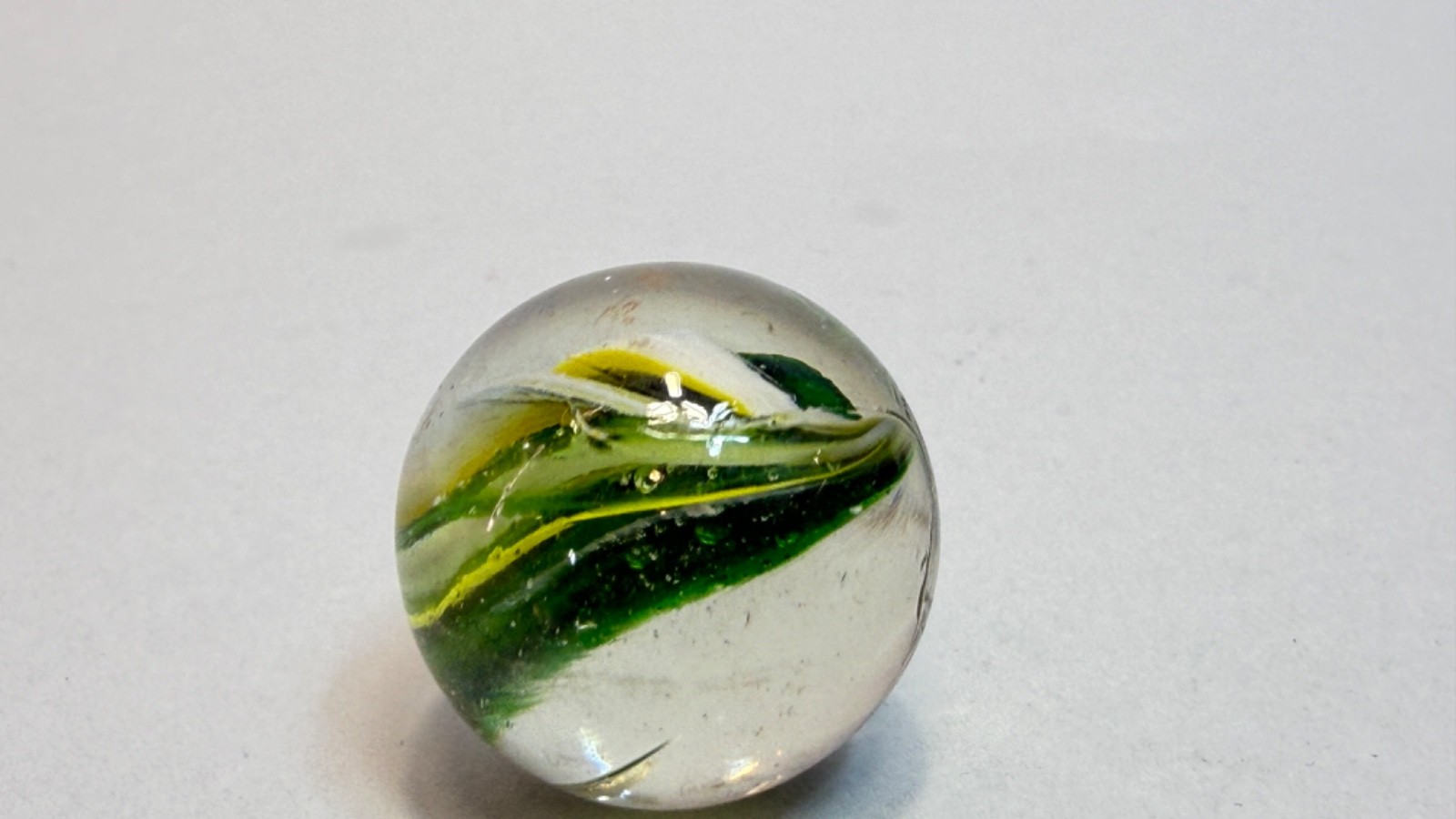 German Blown Glass Marble Naked Razor Single Divided Ribbon Green White 1.1”