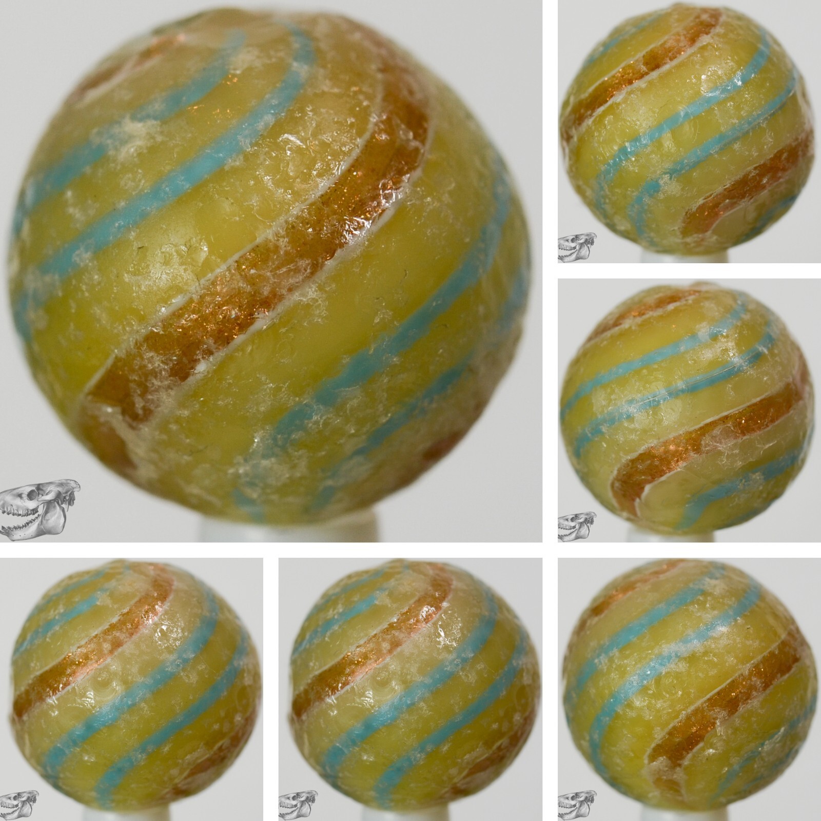 Handmade Banded Lutz Marble, Rare Opaque Custard Base 25/32 in Collectible S1290