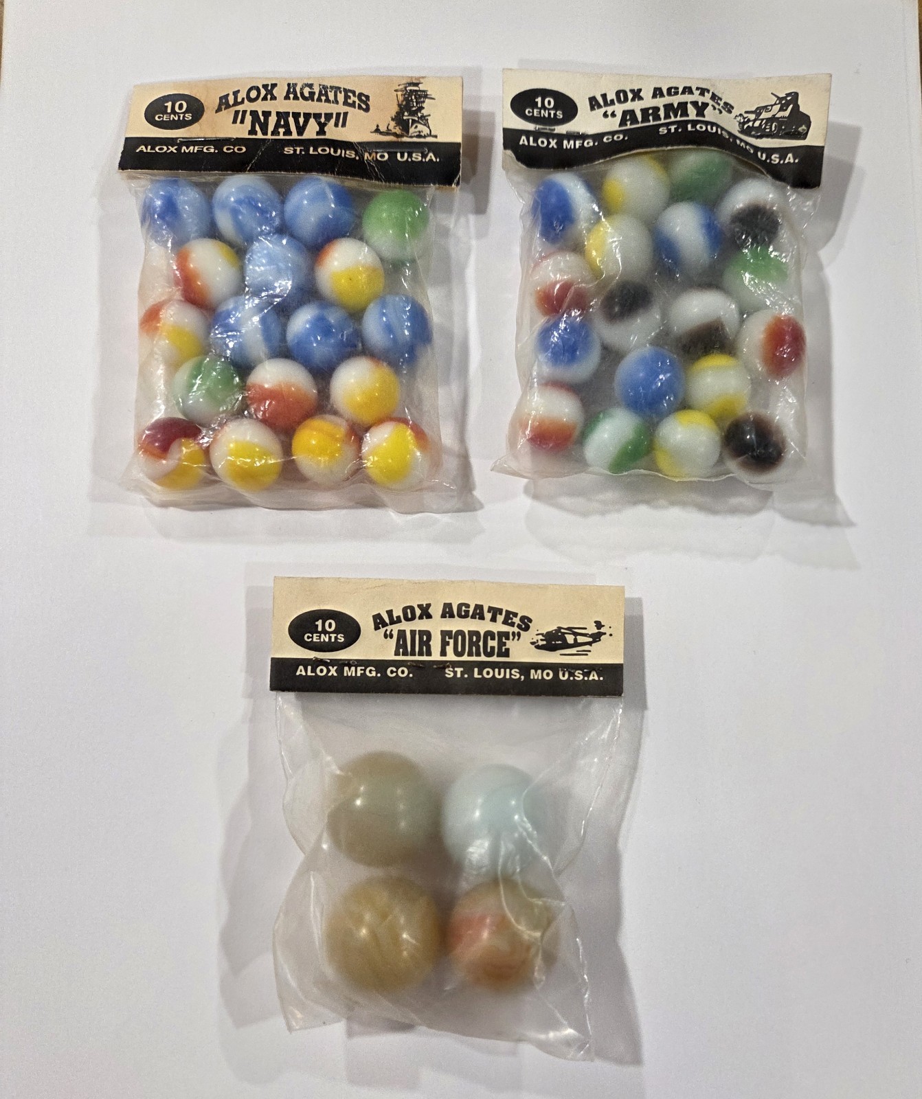 Vintage Alox Agate Glass Marbles Air Force, Army, and Navy Made In St. Louis…