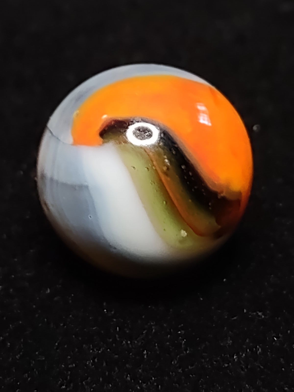 Orange & White Ribbon on Green Base Glass RAINBO PELTIER Vintage Marble .63″