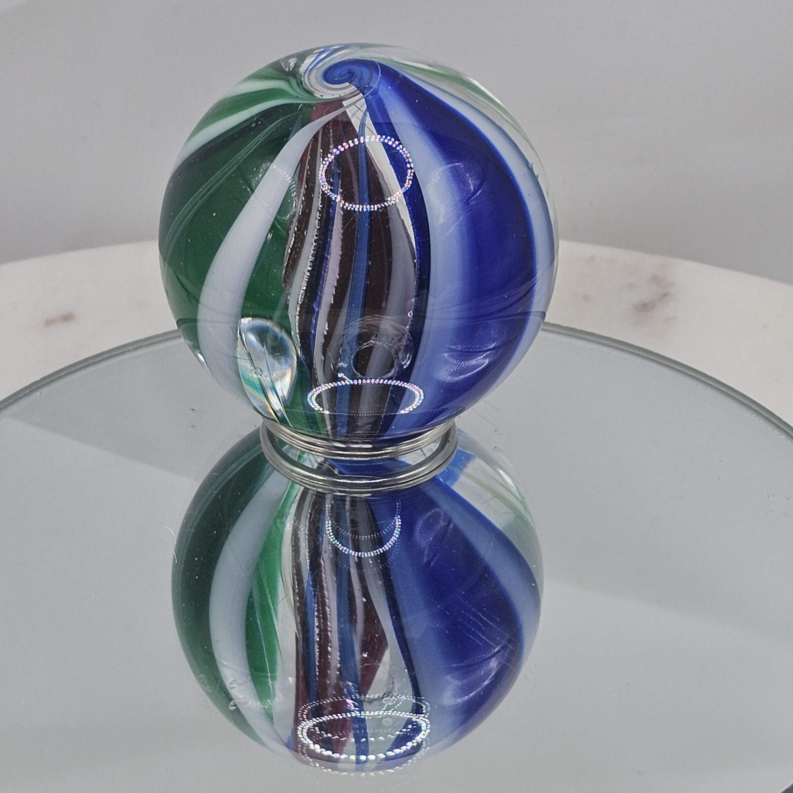 Hand Blown Art Glass Paperweight 47 mm Swirl Sphere Blue Green White Marble Orb