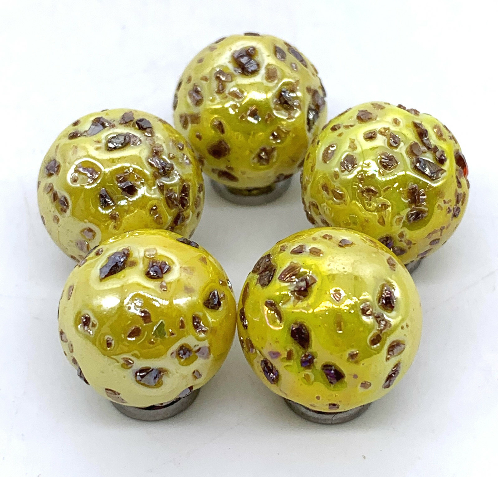 16mm Blowfish 5/8″ Player Glass Marble Pk 5 Iridescent Yellow w Brown Frit Chips