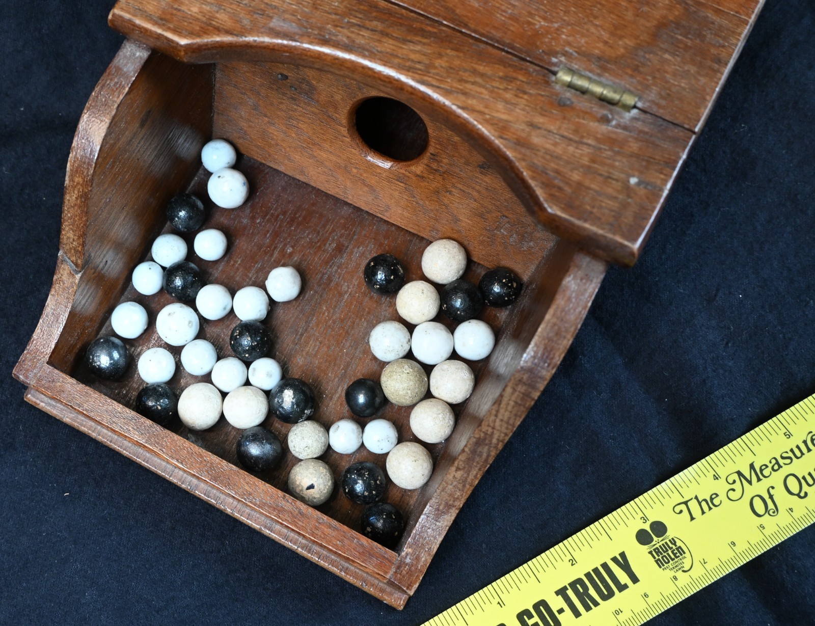 Vintage Voting Ballot Box, Fraternal, 42 White China and Clay Marbles, S1678