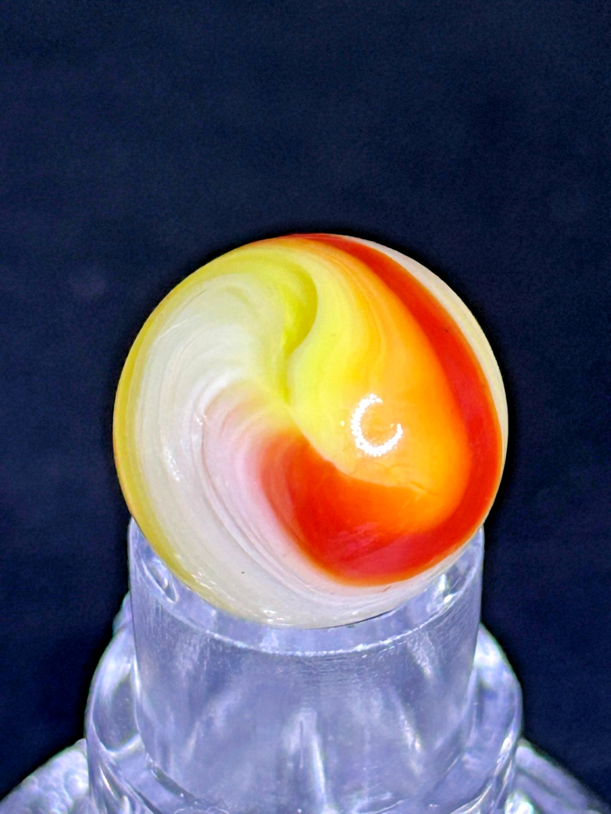 Vintage Akro Agate Popeye Marble, Red-Orange/Yellow/White, .65″, Wet Mint, #AP10