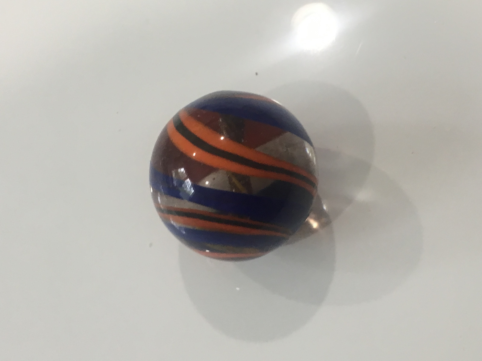 Unknown Age Blown Glass Shooter Marble Blue Orange Gold Yellow Swirl