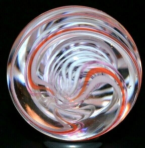 JODY FINE GLASS MARBLE/1.329″-WHITE & TRANS.PINK LATTICINIO TORNADO PEPPERMINT-