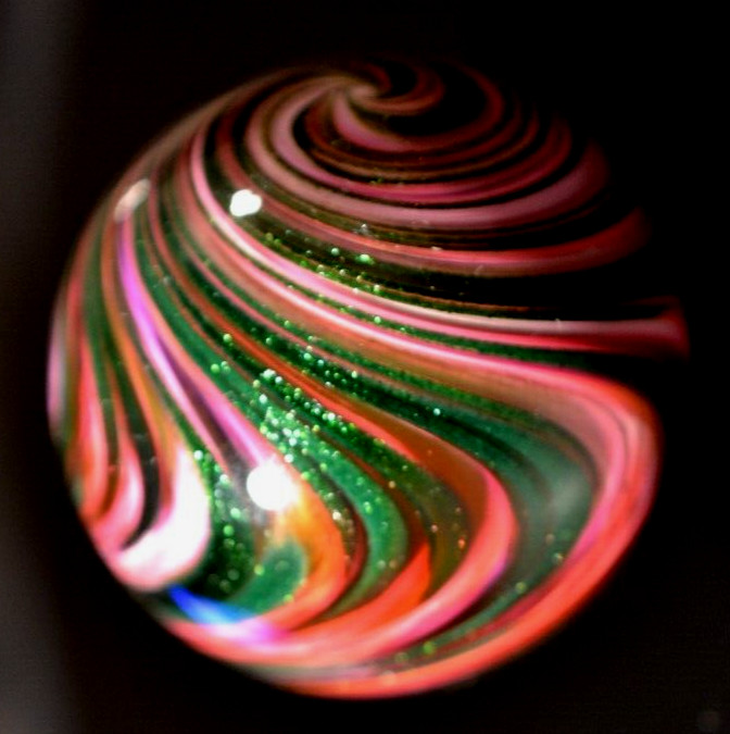 MARK MATTHEWS GLASS MARBLE/2.250″-RASPBERRY SPLOOSH-GREEN LUTZ,LAVENDER,ROSE,PNK