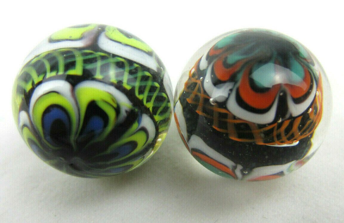 2 RINKY-DINK 16mm Handmade Art Glass Orange Blue Green Lattice Design Marbles