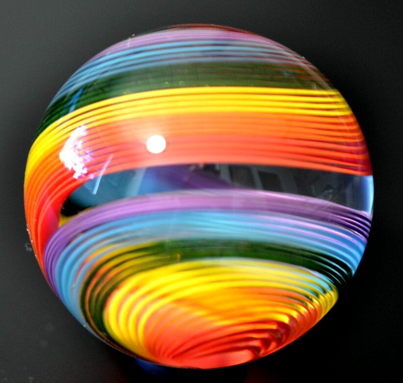 JOHN GIBBONS GLASS MARBLE/1.853″-GREEN LUTZ,RED,ORANGE,MAGENTA,YELLOW,TURQ+