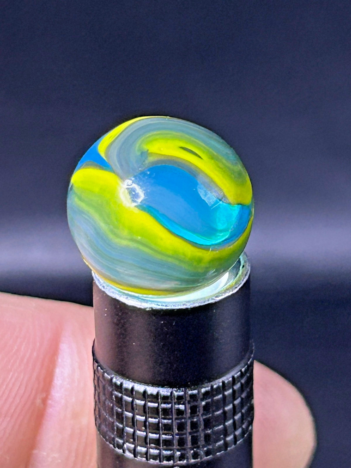 Vintage Christensen Agate (CAC) Swirl Marble, Blue/Yellow, .64″, Mint, #C3