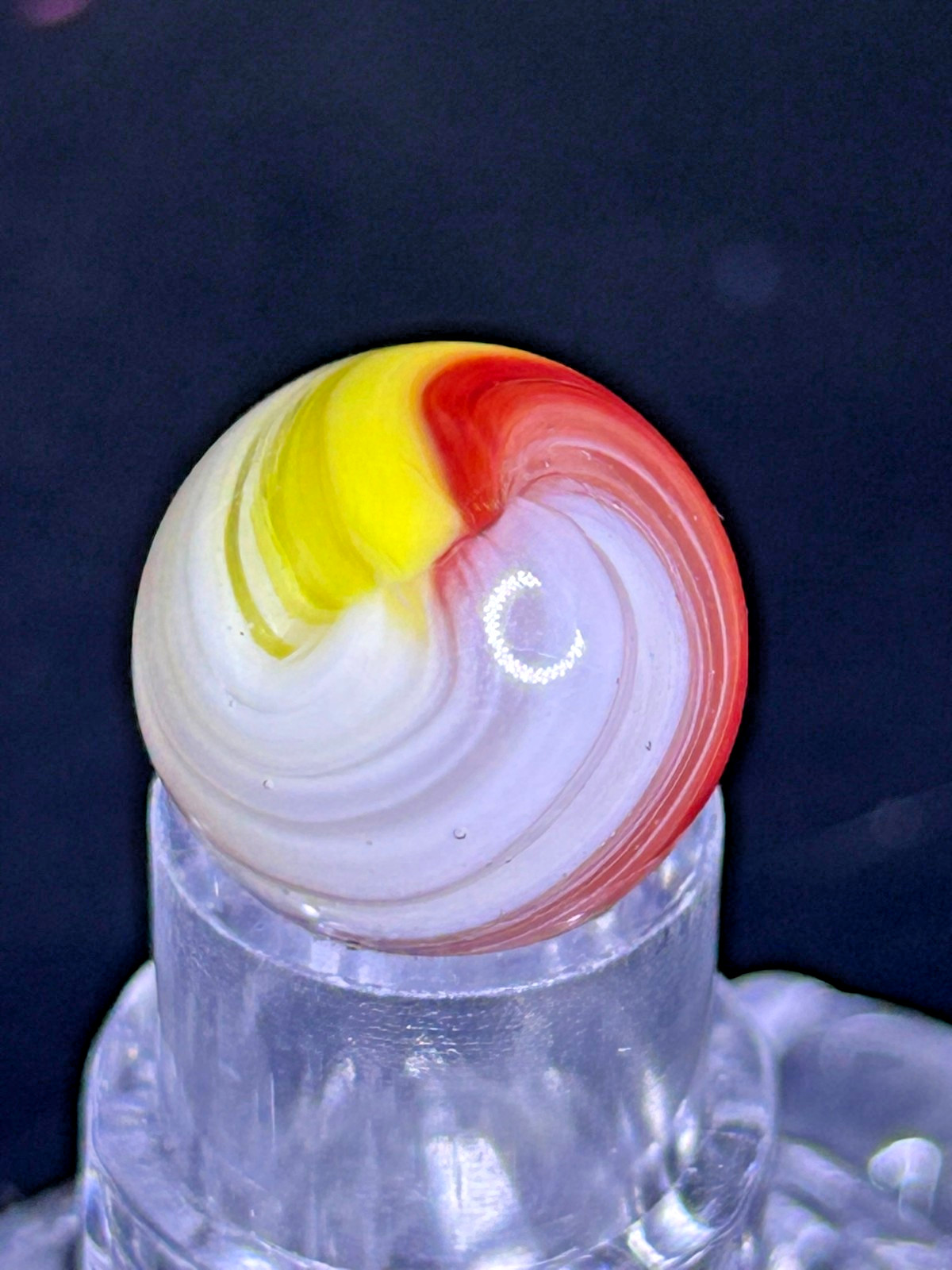 Vintage Akro Agate Popeye Marble, Red/Yellow/White, UV+, .62″, Wet Mint, AP9