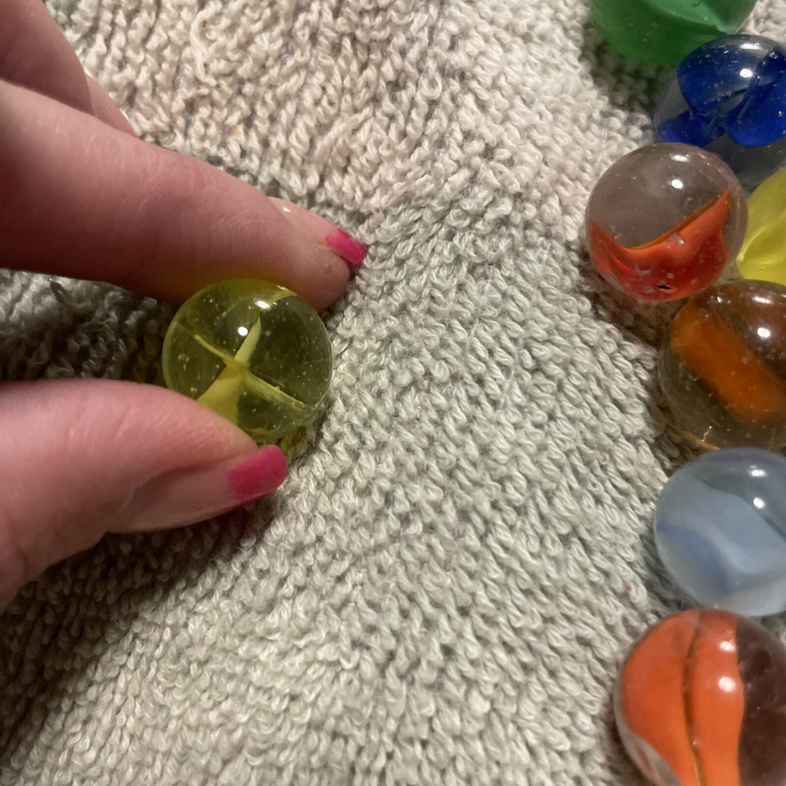 1930-1940’s cat eye 4 vein marbles. Total 12, 1 In, .75 , 10 .50