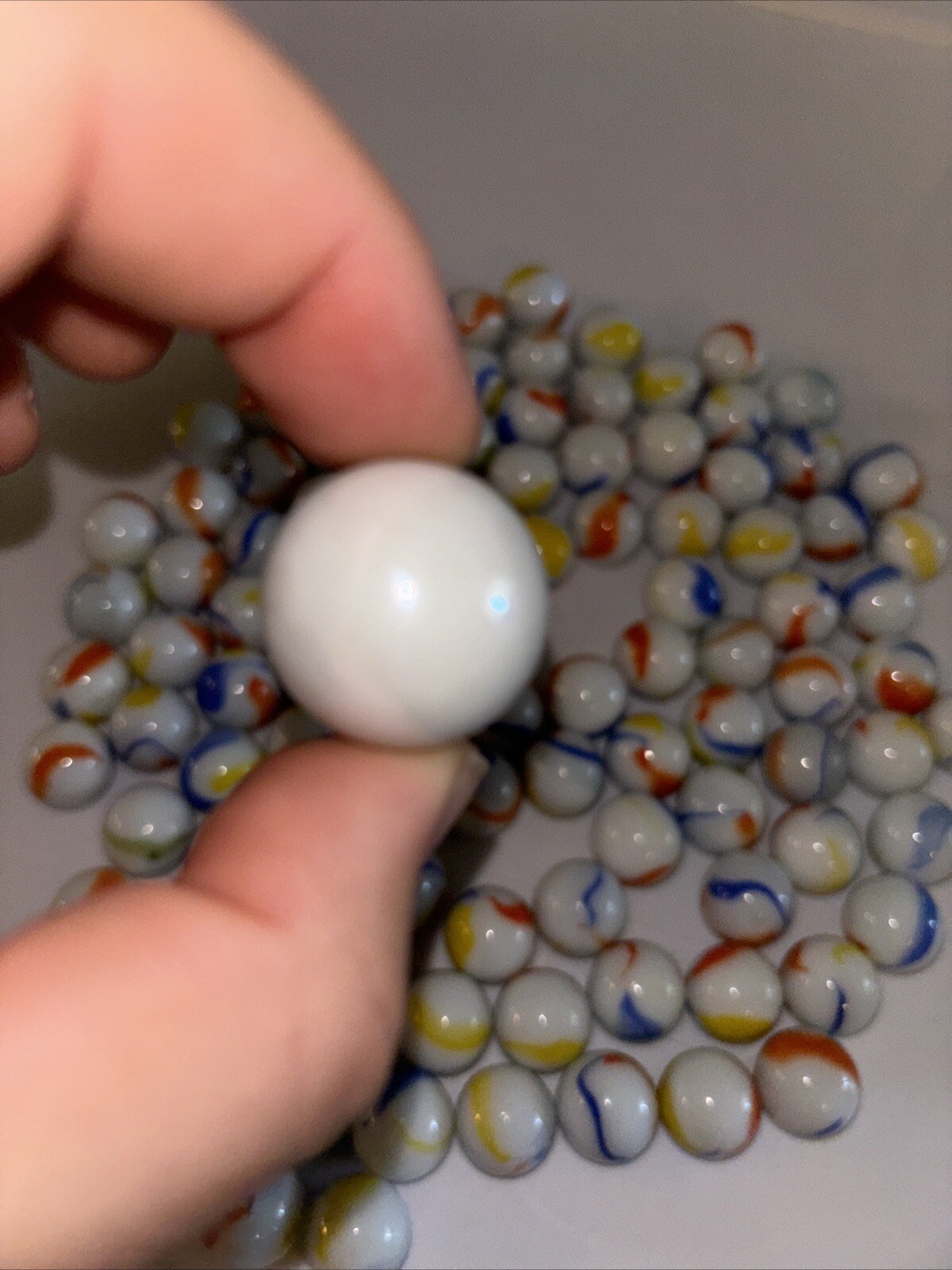 100+ Glass Marbles Opaque White Ribbon Swirls Blue Orange Yellow + White Shooter