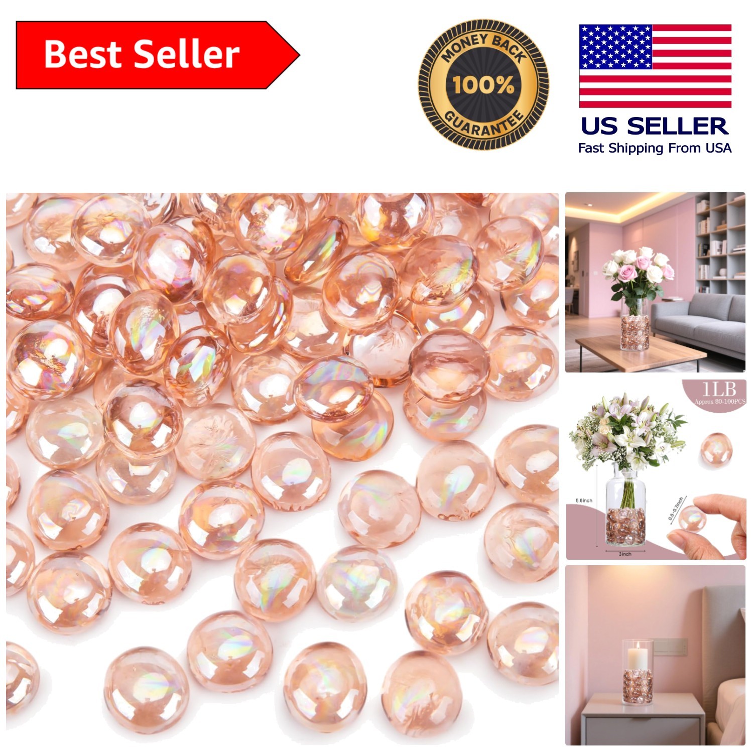 100PCS Light Pink Flat Glass Marbles – Versatile Decorative Pebbles for DIY
