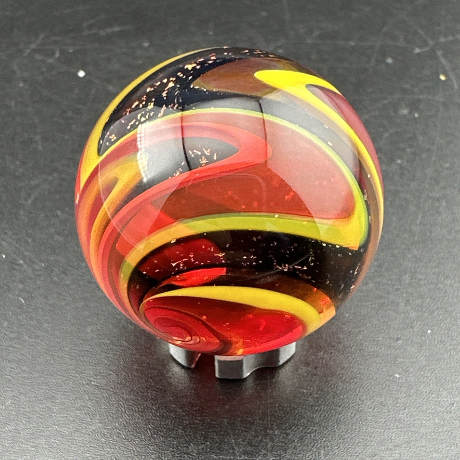 Contemporary Handmade Art Glass Marble 1.09″ Red Yellow Swirl Dichroic Sparkle