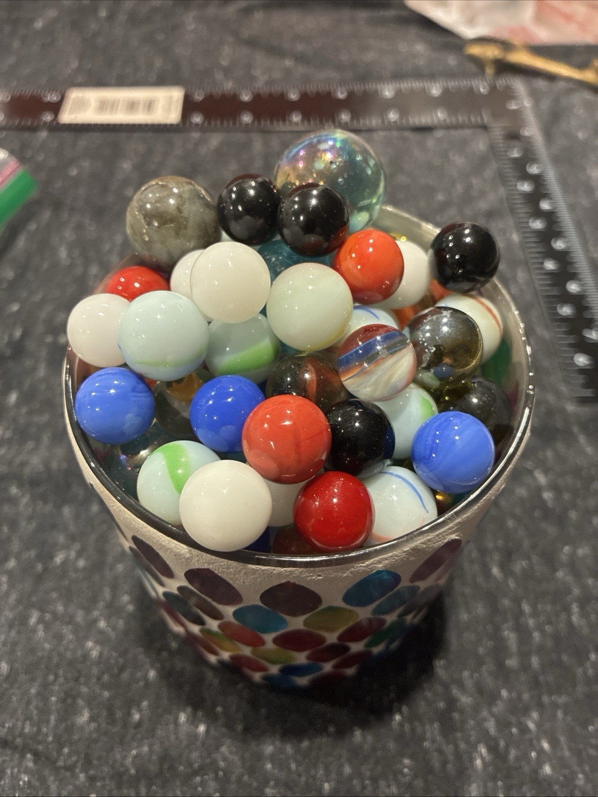 Vintage high end glass marble lot of 140+ in a vintage stain glass cup!