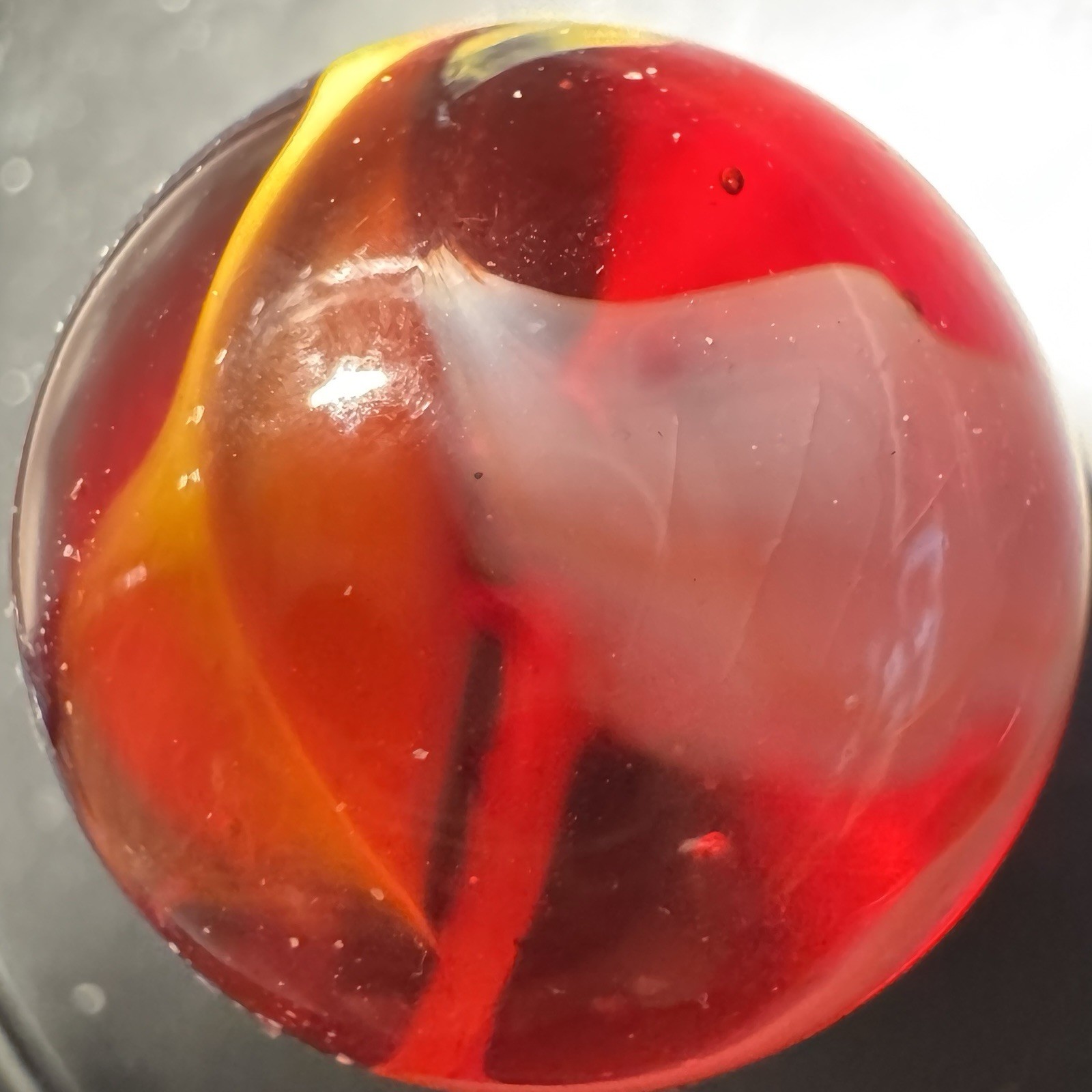 Vintage Handmade Large 1” Glass Shooter Marble Ruby Red White Yellow Swirl 25mm