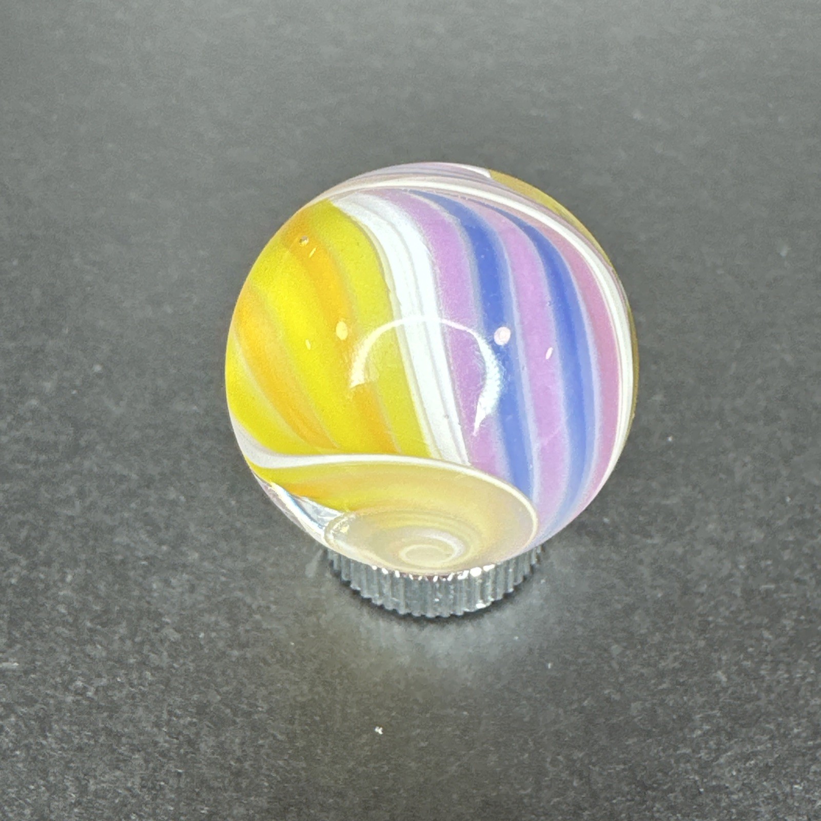 Contemporary Handmade Art Glass Marble 1″ Yellow Pink White Ribbon Core Swirl