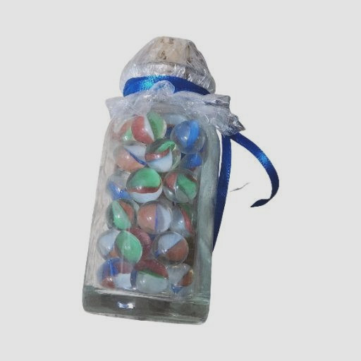 2 Small Glass Jars filled w/123 total Vintage Glass Marbles, Glass Hearts