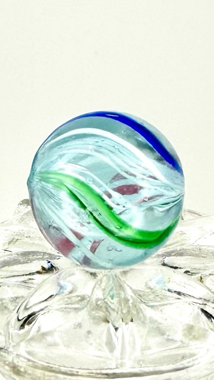 German Handmade White Caged Latticino Marble – Approx 16mm Green Blue Red