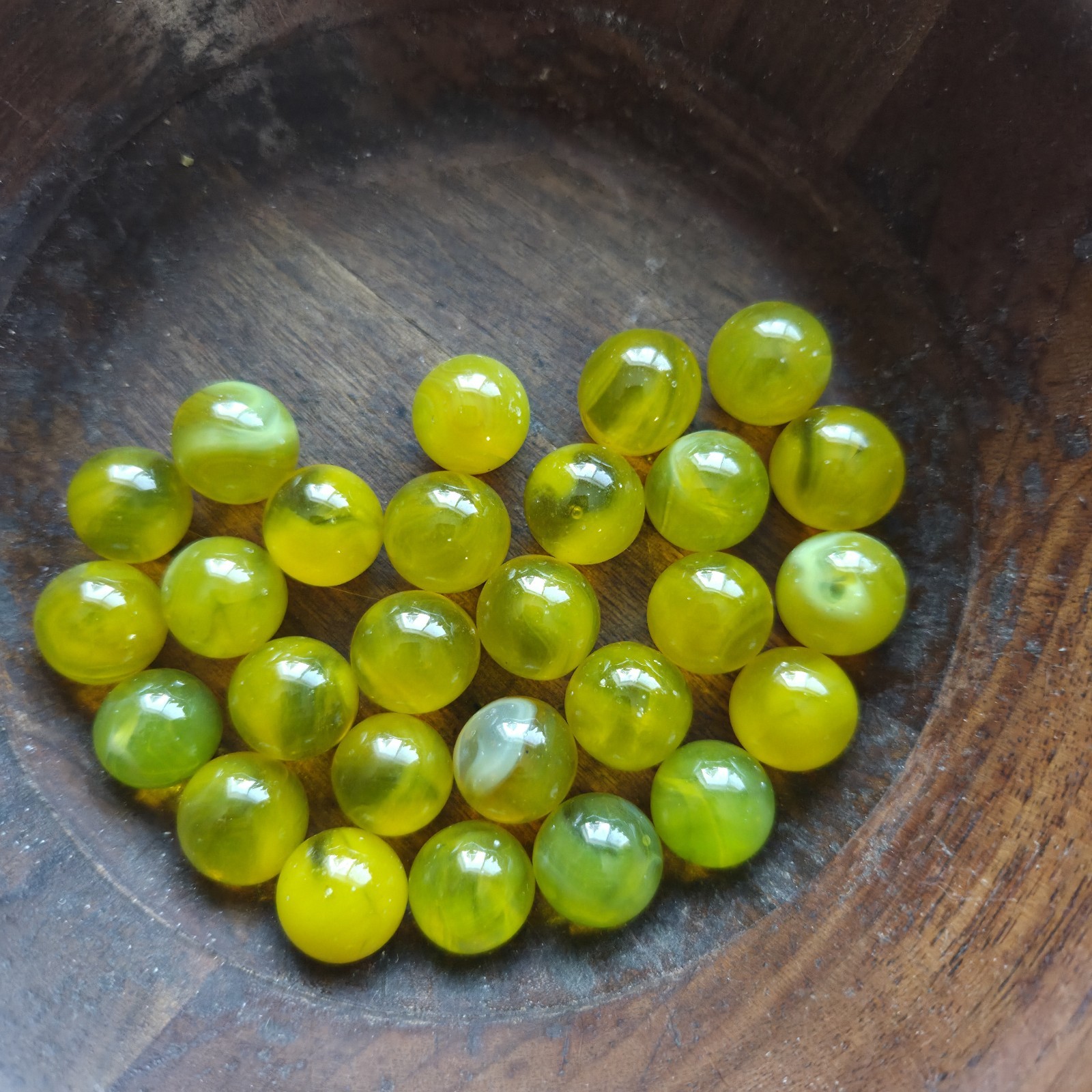 lot of 27 Translucent Snotty Mustard Yellow Swirl Marbles 5/8″