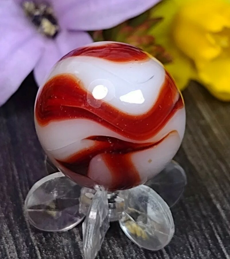 UNIQUE Blood Red Turkey Swirl BEAUTIFUL Vintage MARBLE Glass Toy .61″ READ