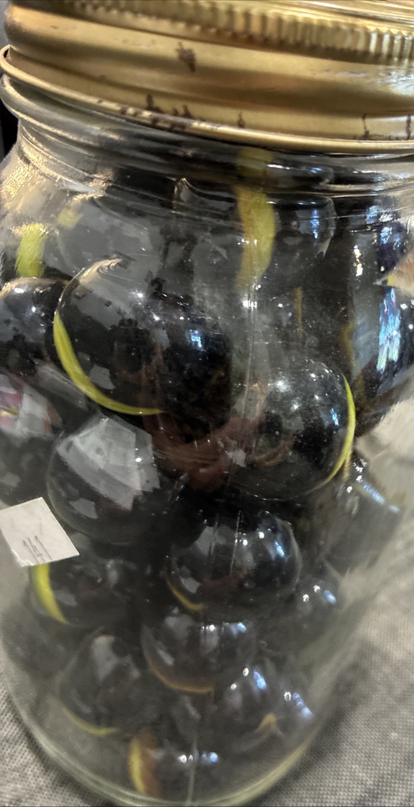 Lot Of Blue Yellow Swirl Bumble Bee Marbles Large Marbles Vintage Quart Jar Full