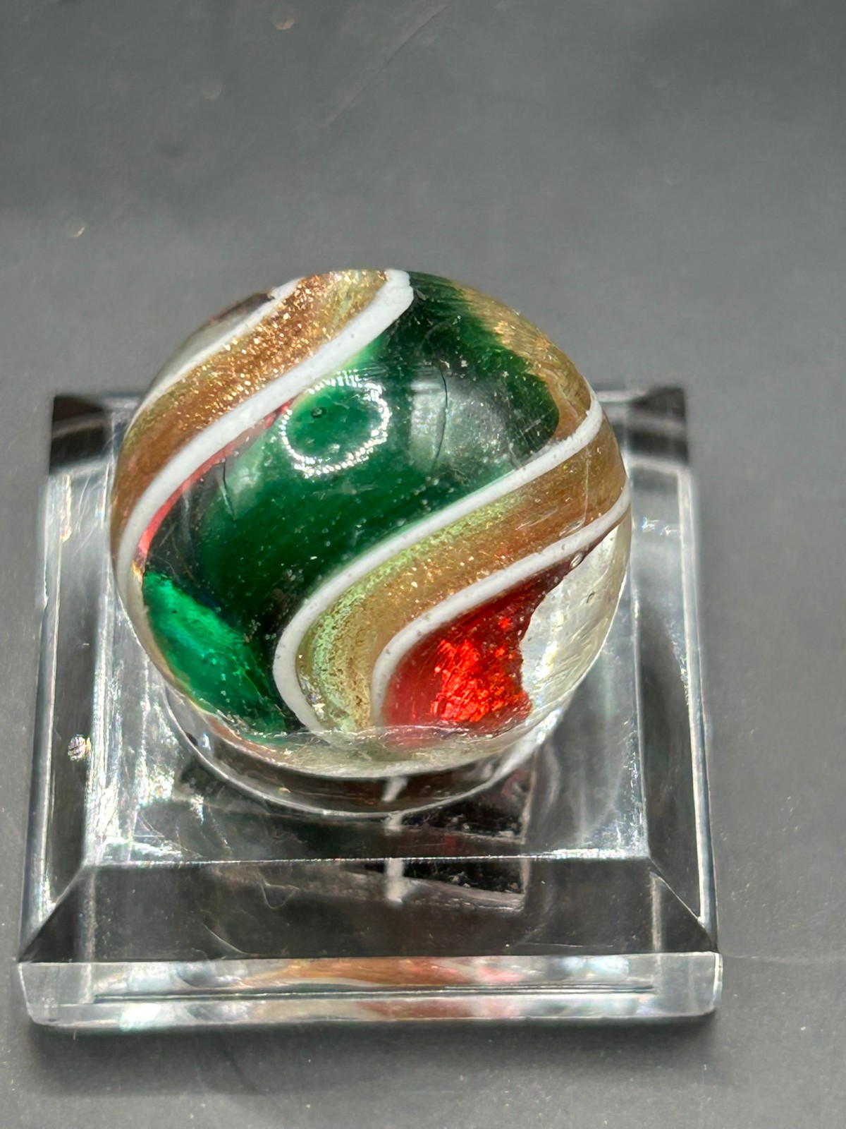 Antique German Cranberry Green Ribbon Core Lutz Marble 11/16″ Mint- E2.2