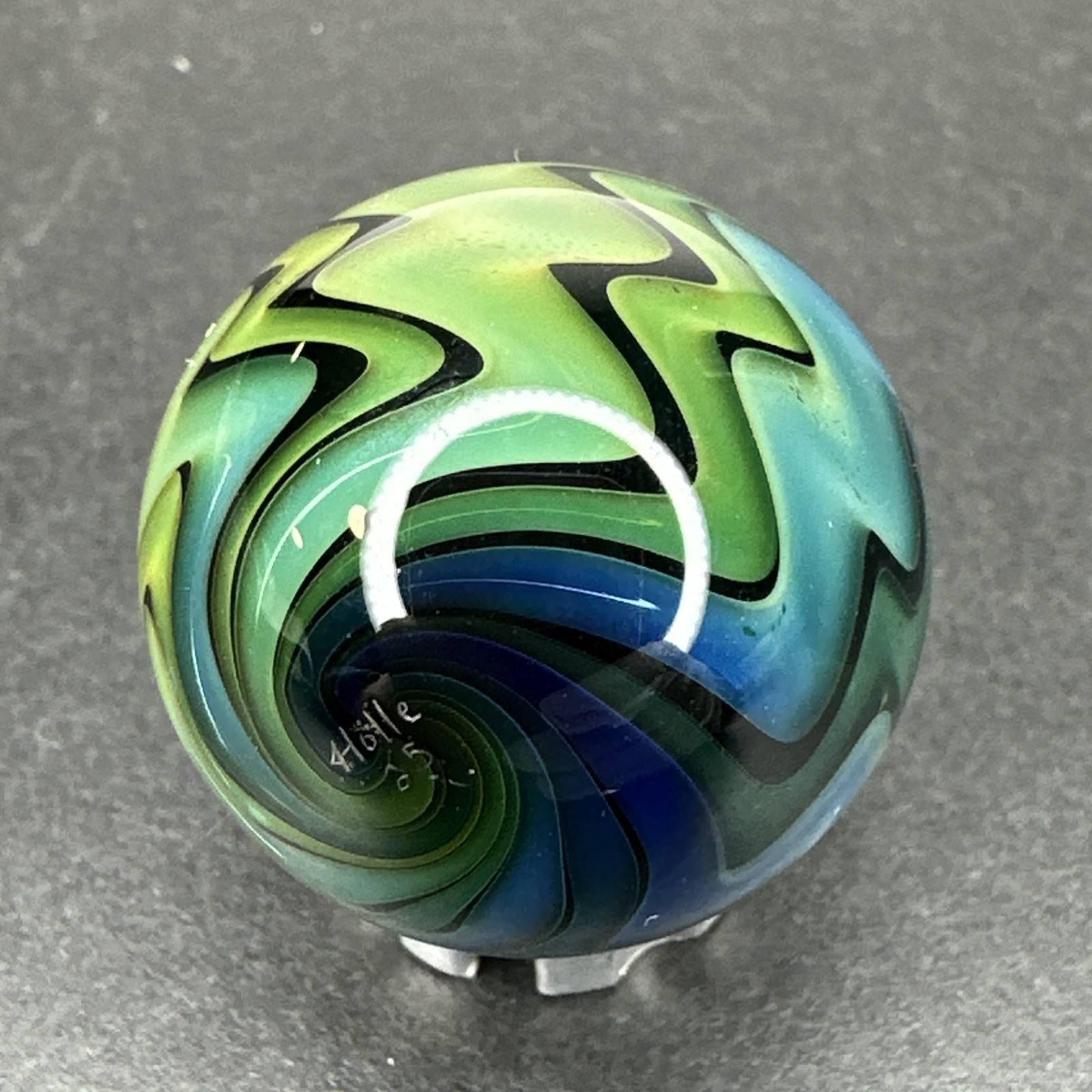 Contemporary Art Glass Marble 1″ Fumed Blue Green Wigwag W/ UV Reactive Glow!