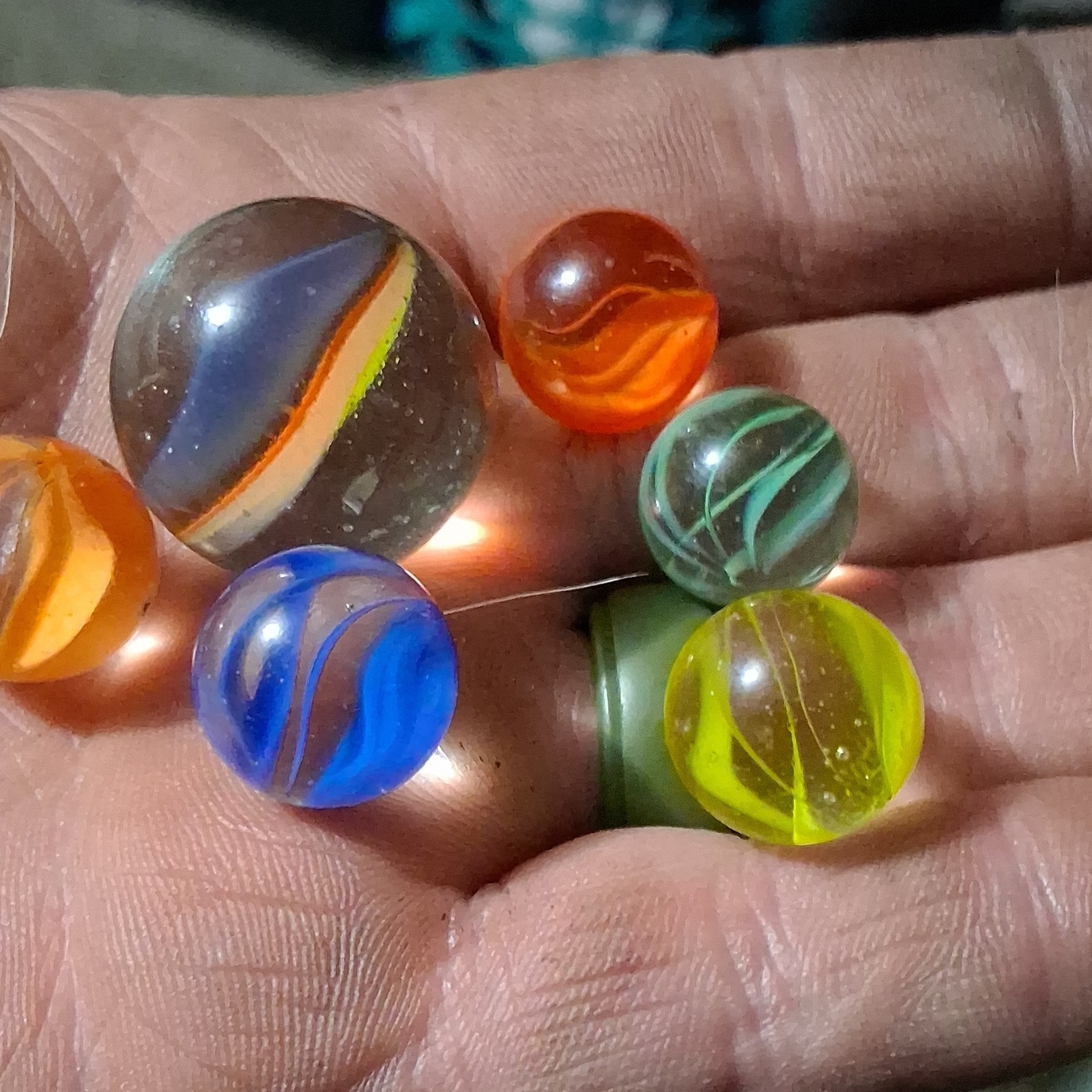 Glass Swirl Toy Marbles Lot of 6 Assorted Colors w/ Large Shooter Ages 8-17+