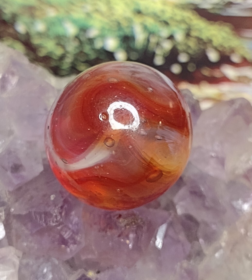 NM UV Blood Red Lightning⚡ SWIRL Ravenswood or Cairo? Glass Vintage Marbles .68″