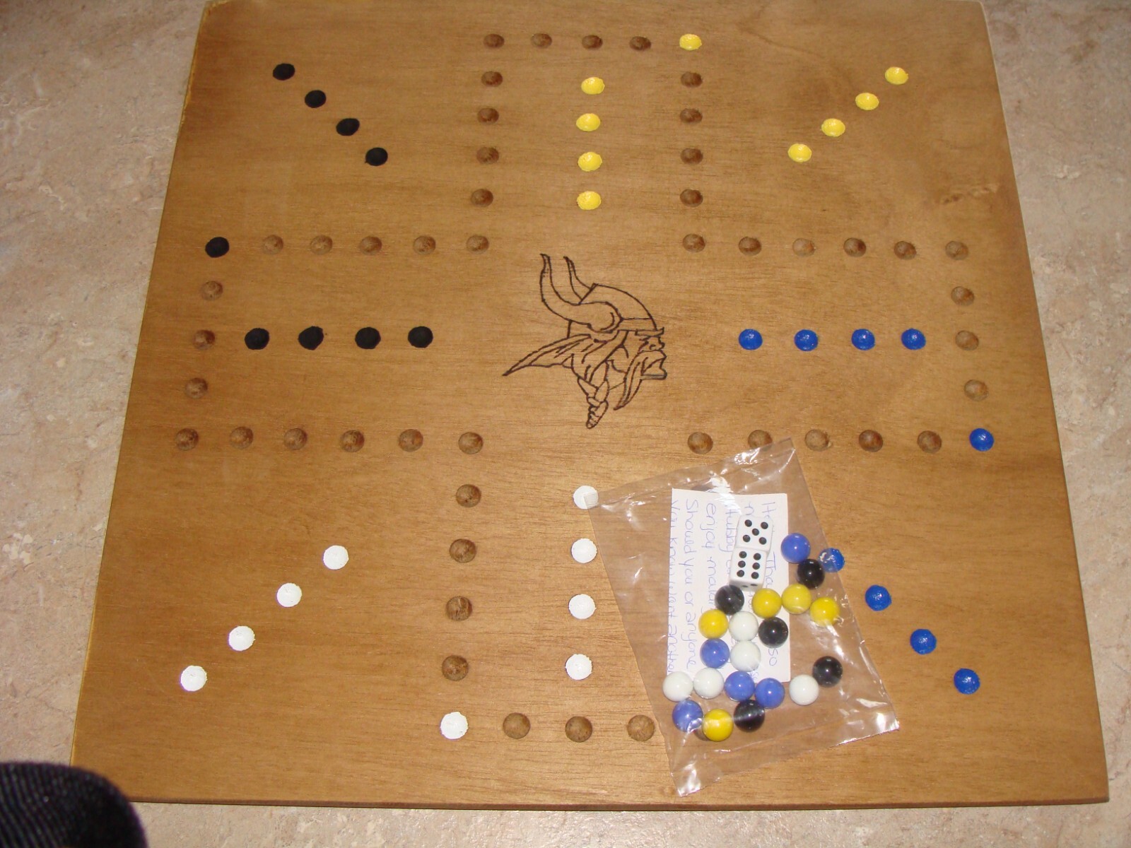 Minnesota Vikings Wahoo Wood Marble Board Game 2 to 4 player. Wood Burn Logo