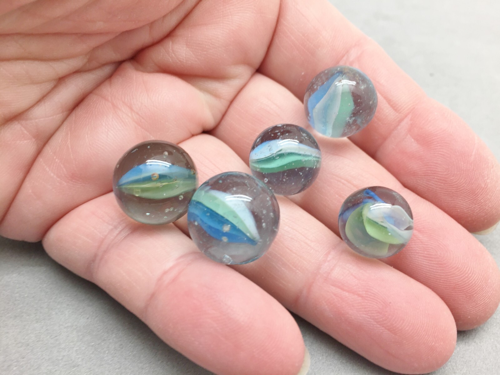 Glass Marbles Lot 5 Vintage Cat-Eye Blue-Green Color 14, 15, 16, 17 mm Toy Game