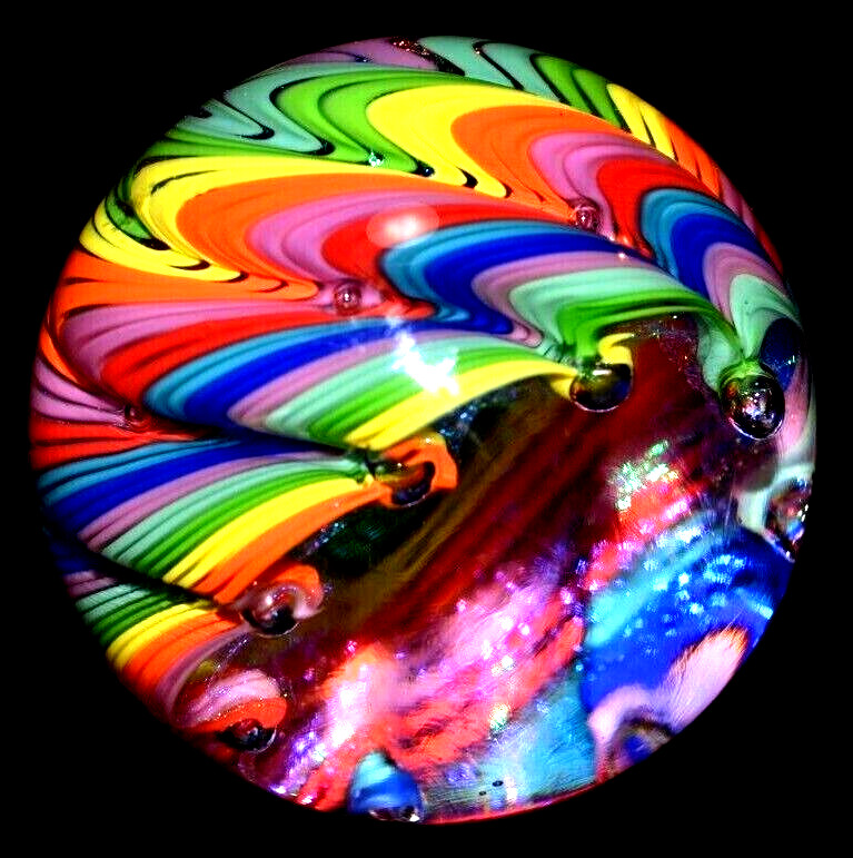 JAMES ALLOWAY HANDMADE MARBLE/2.623″-DICHROIC RAINBOW VORTEX # 3217-LIME,ROYAL +