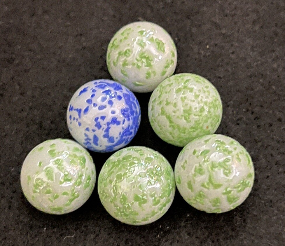 Vintage Speckled Six Marble Lot (6-Pieces) Green W/ A Blue