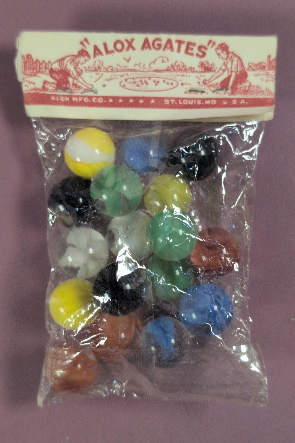 Vintage 1930s Alox Agates Marbles in Original Sealed Bag St. Louis, MO USA