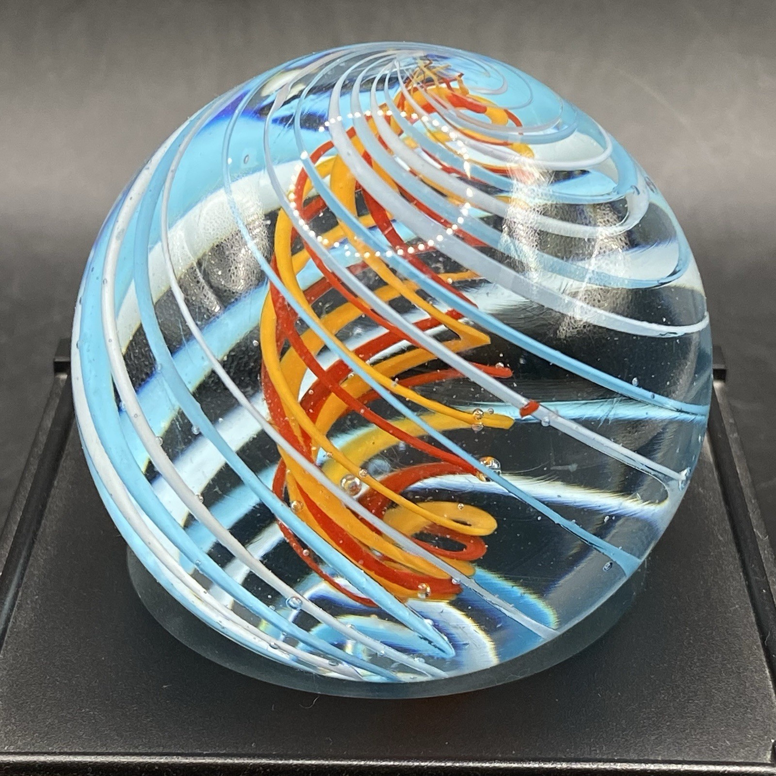 Contemporary Marble Large Handmade Art Glass Spiral Blue On Orange Vintage